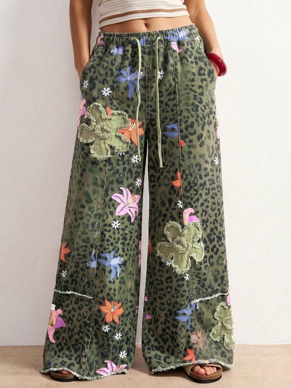 Army Green Casual Women's Leopard Print Floral Wide Leg Loose Long Pants - Picture 6 of 7